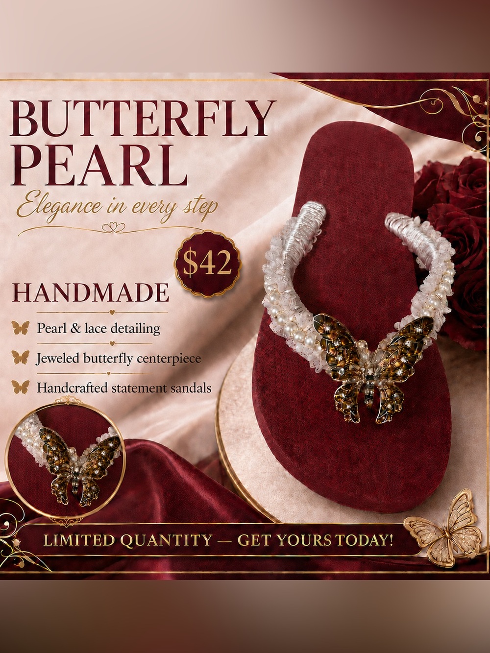 🩷. Handmade Burgundy Pearl Butterfly Sandals - Women's Statement Flip Flops